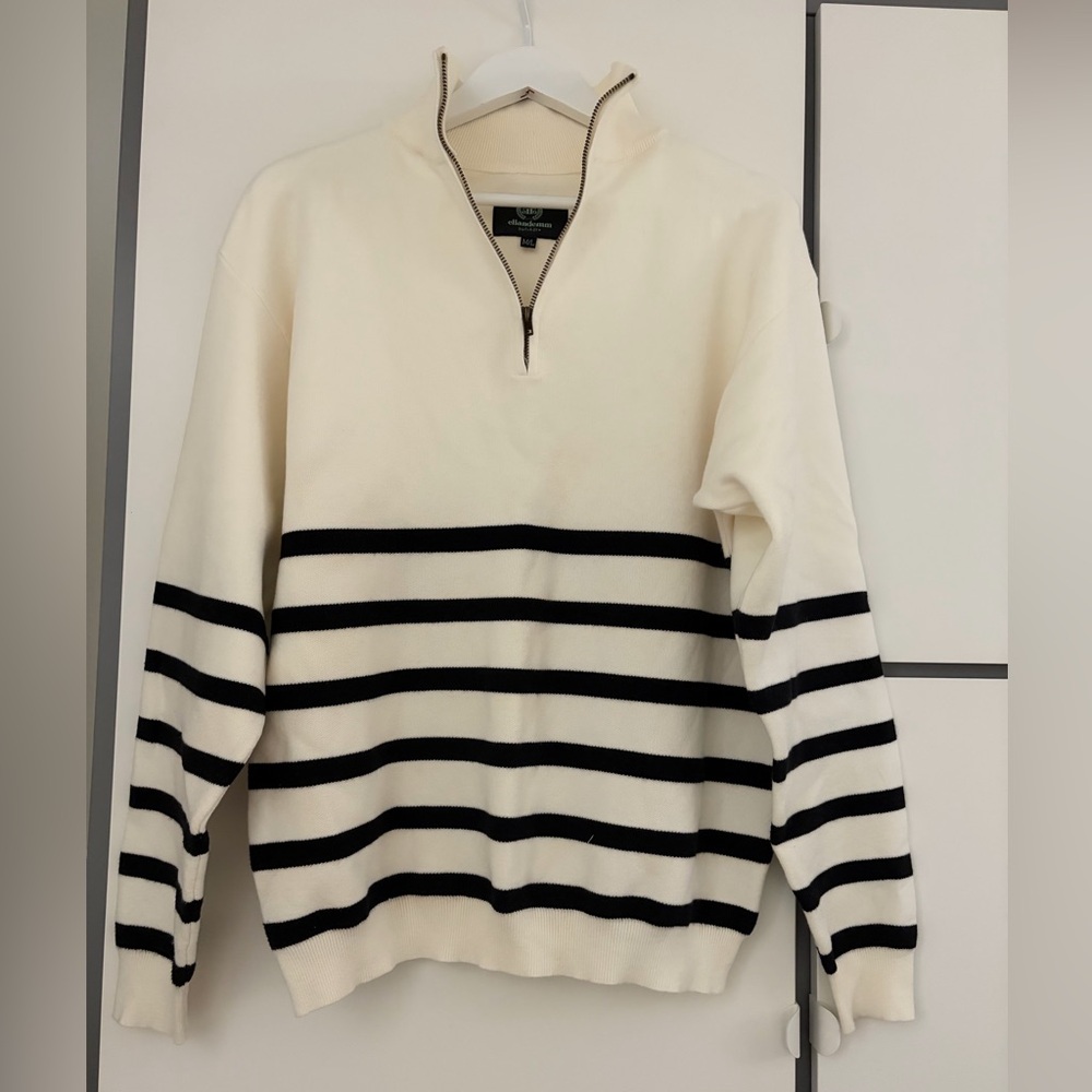 Cream Half-Zip Stripe Sweater Hoodie for Women
